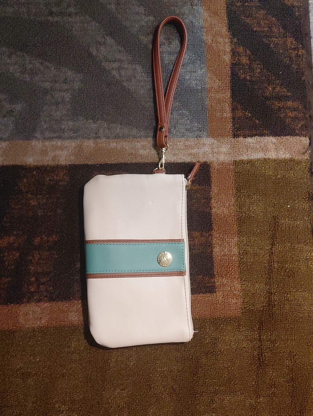 Wristlet Wallet in Cream with Teal Accent and Brown Trim
